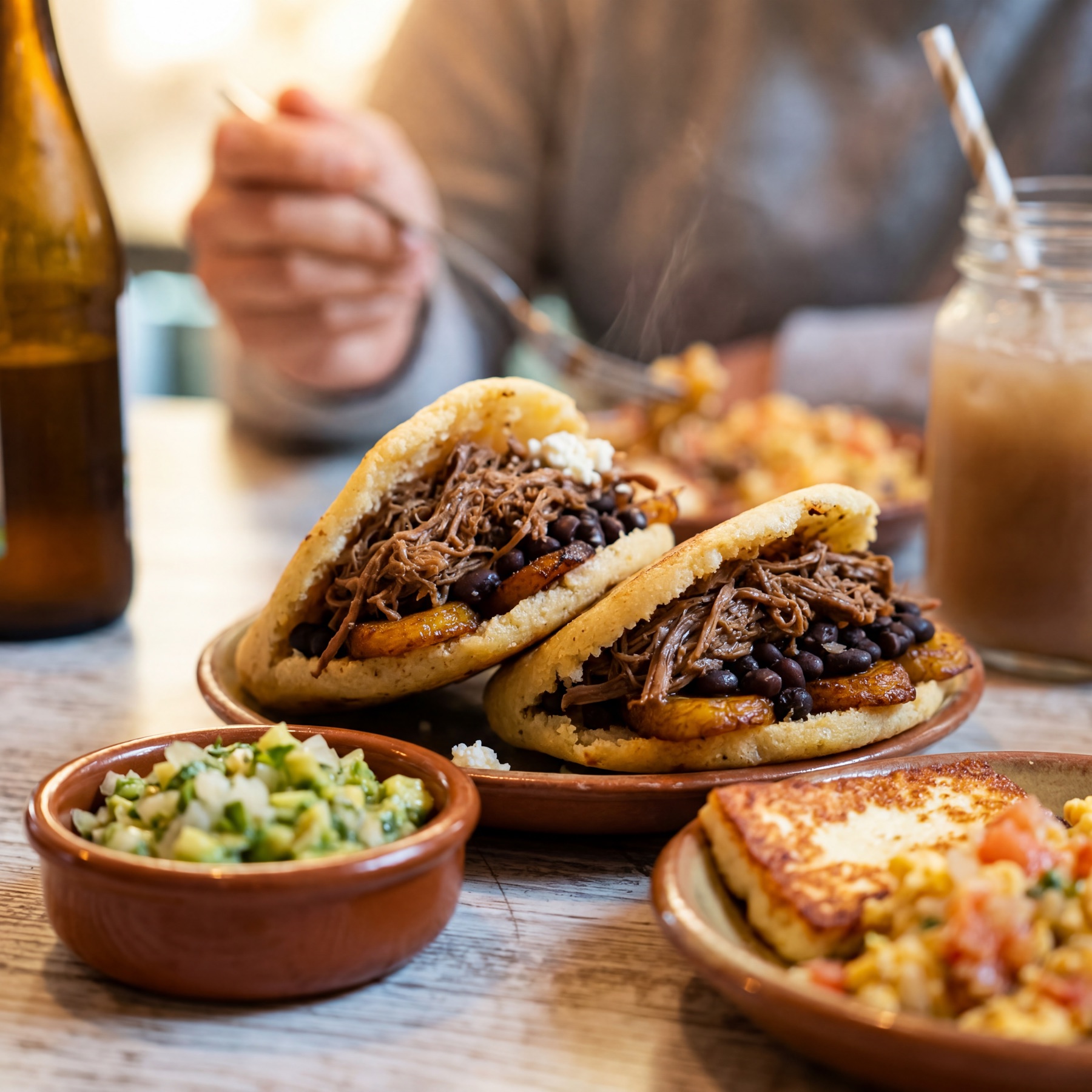 Mesa de Yiyi con arepas de pabellón